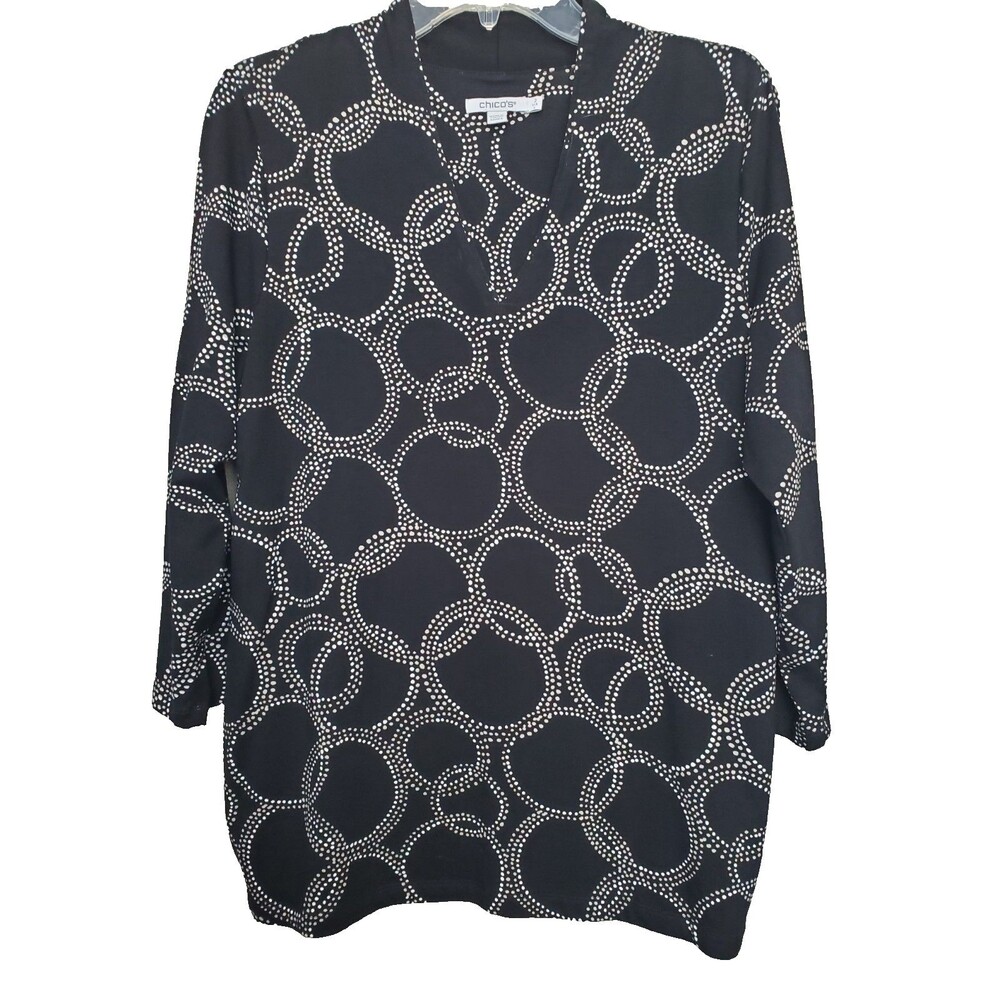 Chico's Black Jersey Knit Dotted Circles V-Neck Tunic Lined Front Size 2 Large